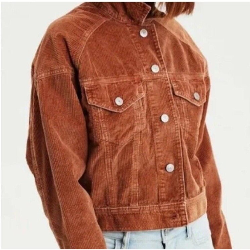 American Eagle Corduroy Trucker Jacket Cropped Brown Pockets Medium